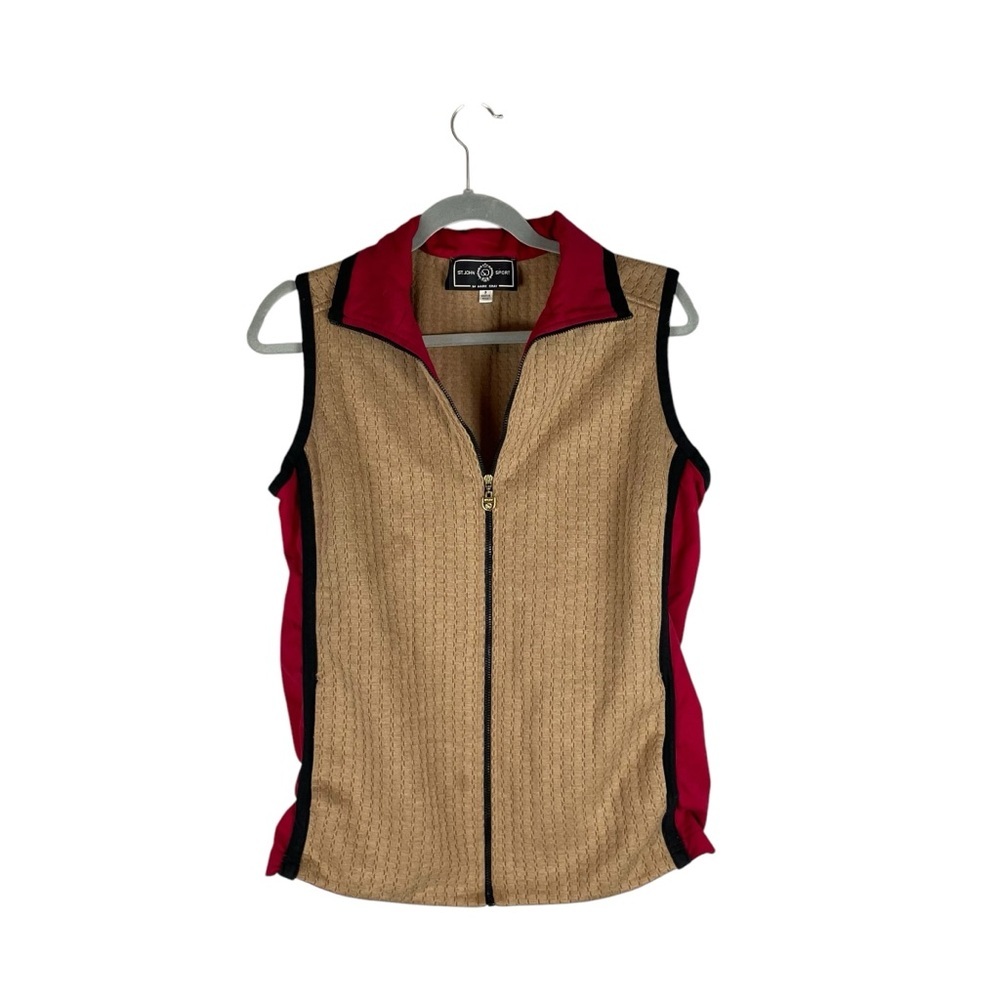 St. John Sport by Marie Gray Zip Up Vest P Small Red Tan Black Gold Logo